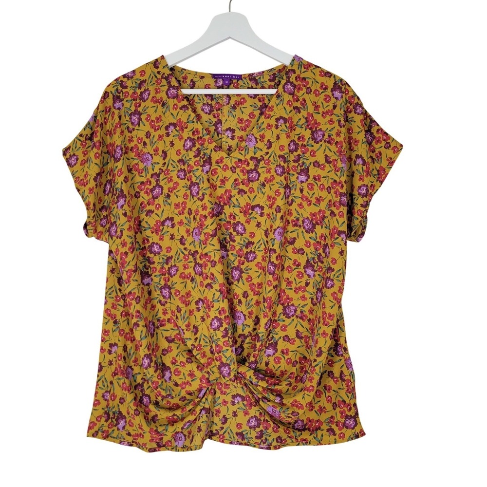 West Kei Floral Twist Front Blouse Womens Medium Yellow V-Neck Short Sleeve Top